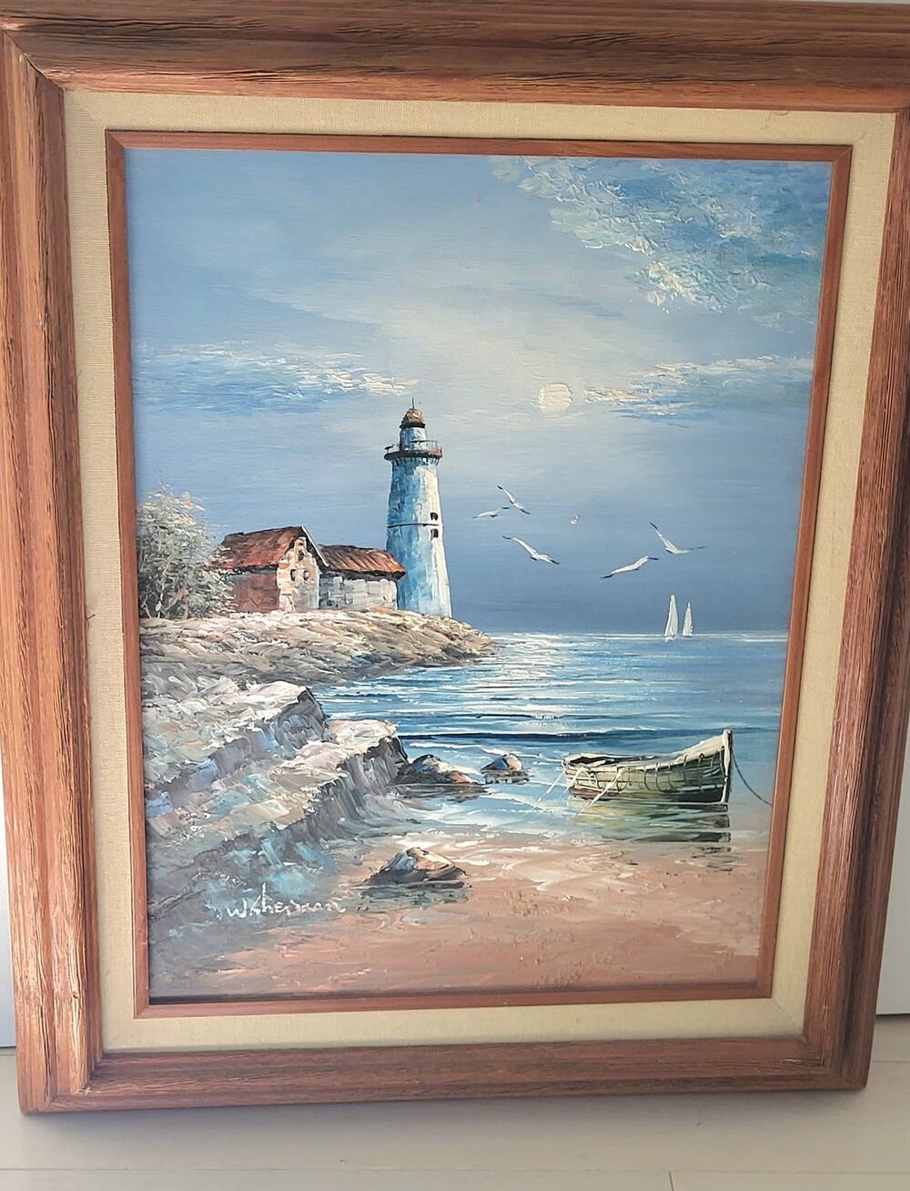 Vintage W. Sherman Lighthouse Oil on Canvas Painting Framed Coastal Nautical Art